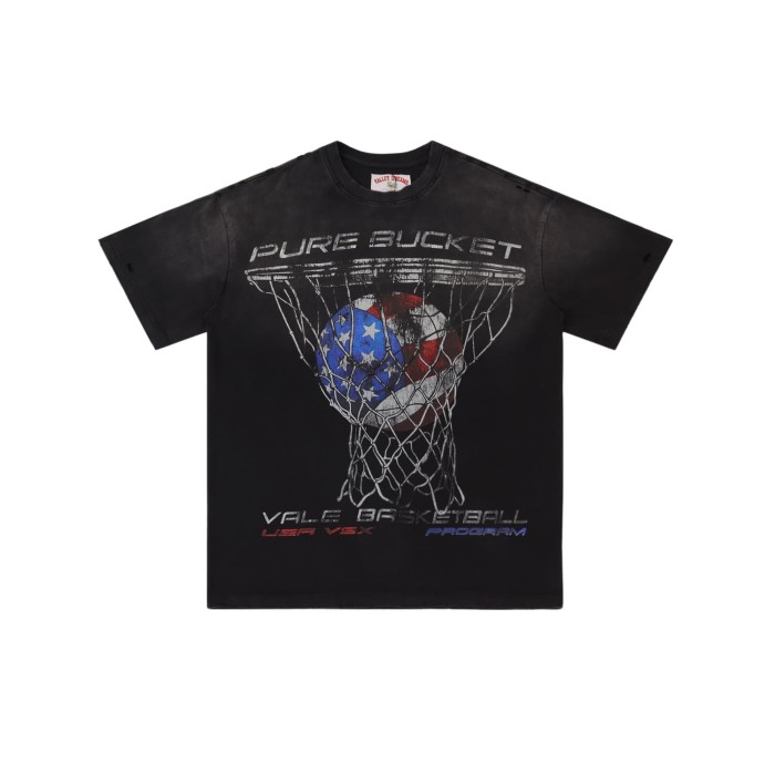 Pure Bucket Basketball Print T-Shirt Black Vintage Cotton Streetwear Tee 28978037