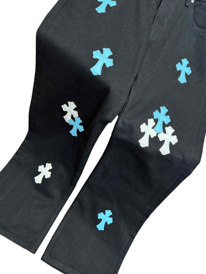 1:1 quality version  white & blue leather cross appliqué washed jeans 28959432
