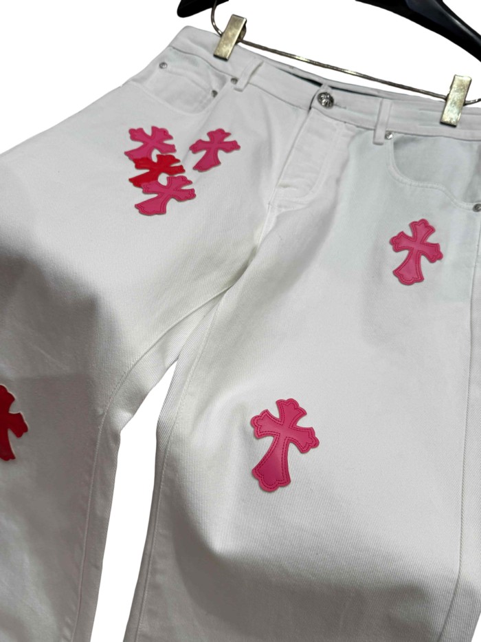 1:1 quality version  pink & white cross leather patch washed jeans 28959540