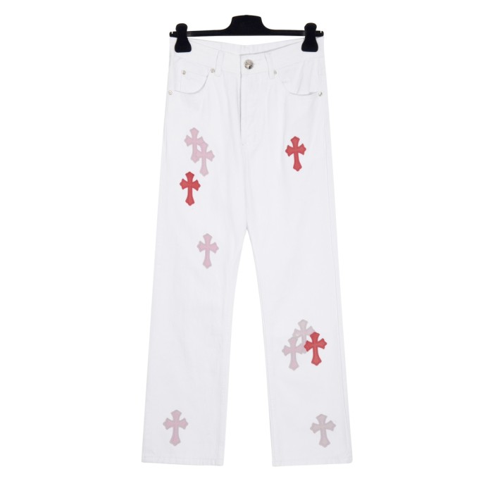 Pink-Trimmed Leather Cross White Jeans 28476836