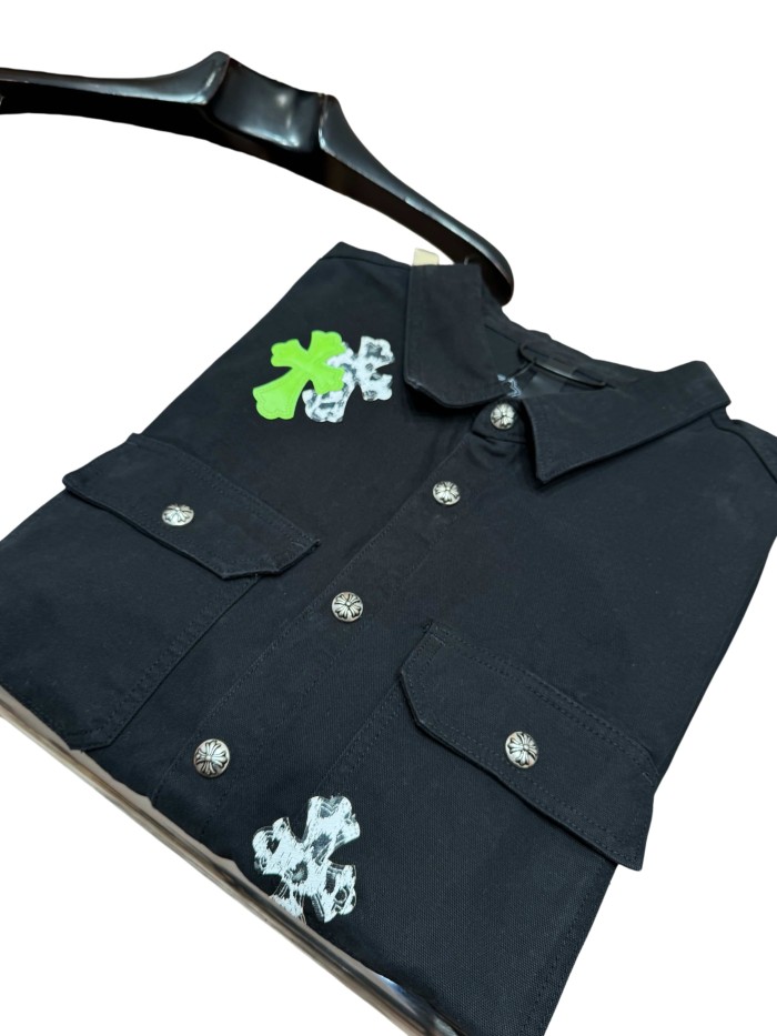 1:1 quality version green & white cross leather patches denim Vintage jacket 28959603
