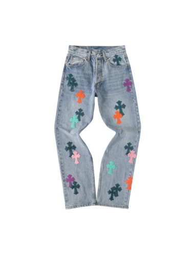 1:1 quality version Vibrant Multi-Color Cross Patched Light Blue Straight Leg Denim Pants 29082247