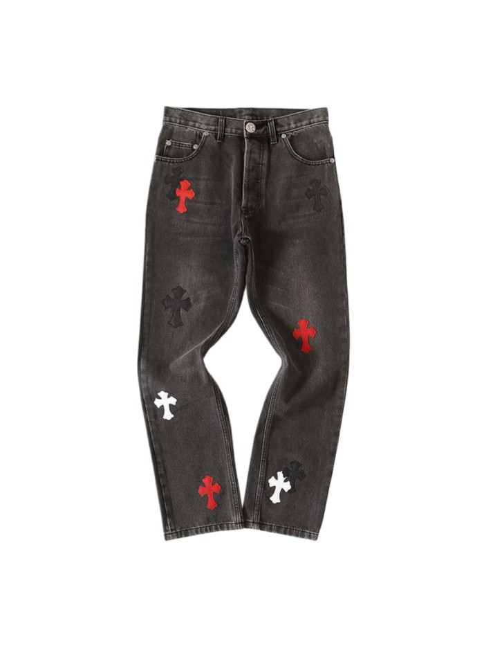 1:1 quality version Red Black Cross Patched Washed Black Straight Leg Casual Denim Jeans 29082231