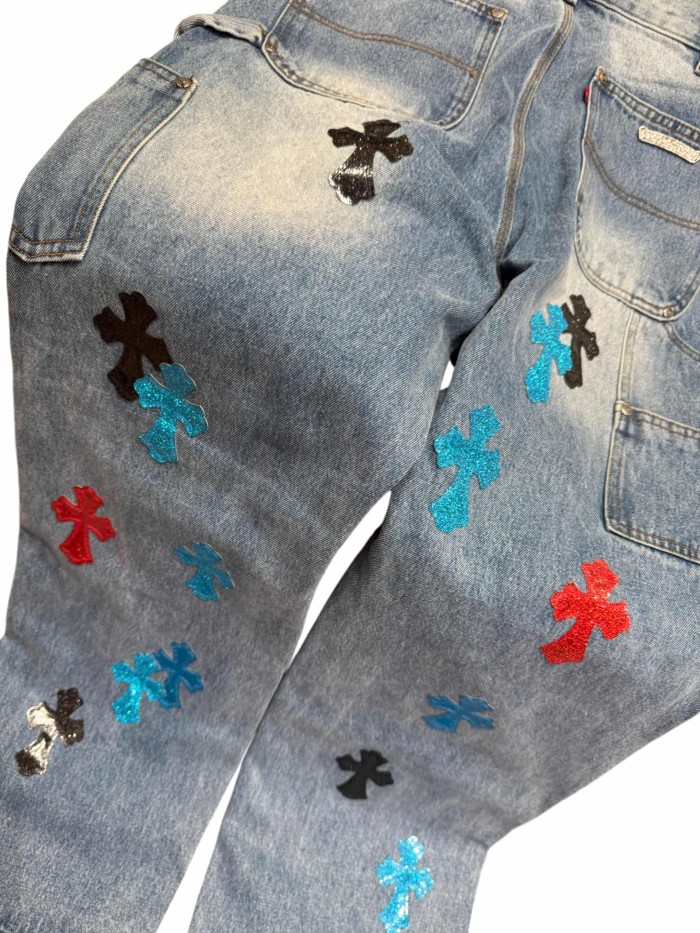 1:1 quality version  colored glitter cross distressed vintage washed jeans 28959375