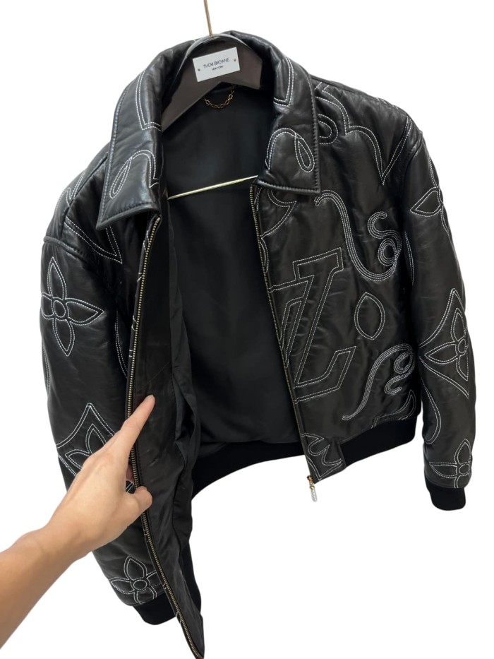 1:1 quality version Arabesque Embroidered Bomber Leather Jacket 28963888