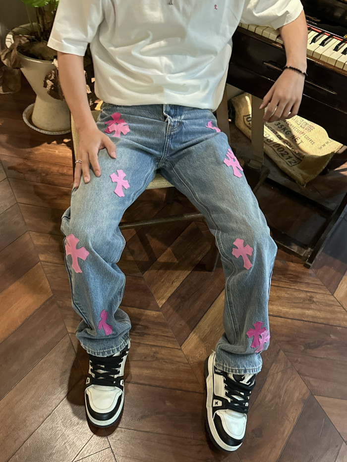1:1 quality version Pink Patch Cross Ripped Fringe Jeans