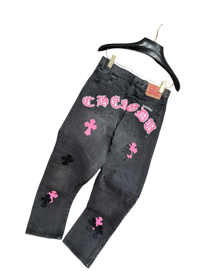 1:1 quality version  black & pink cross appliqué washed straight-leg jeans 28959382