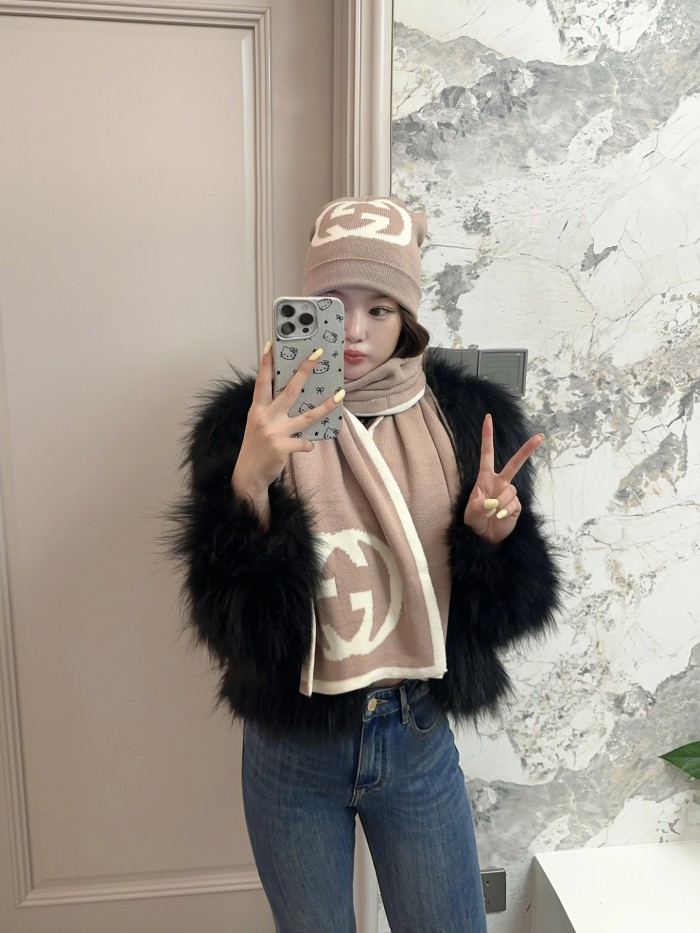 1:1 quality version Big Logo Jacquard Wool and Cashmere Scarf and Beanie Set 4 colors