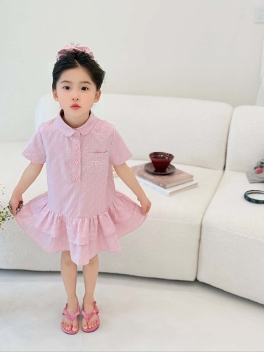 Pink FF Jacquard Polo Collar Ruffle Hem Dress for Kids 29010805