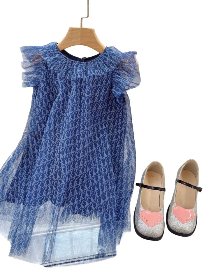 Tulle Dress with Ruffled Neck & Flutter Sleeves for Kids 29008833