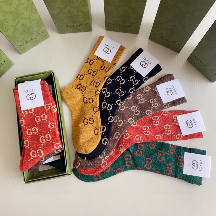 Letter logo gold silk mid-length socks 5 pairs in 1 box
