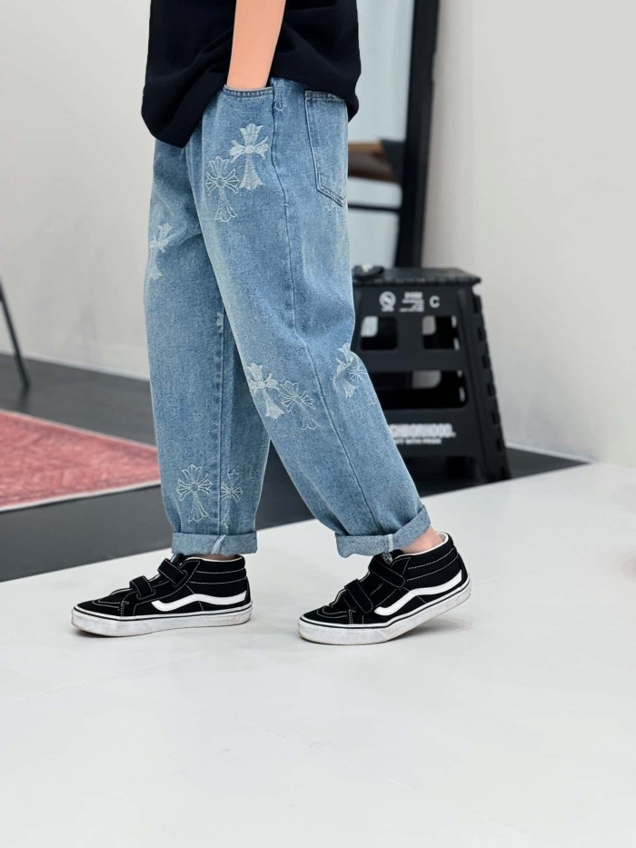 Cross Pattern Washed Elastic Waist Denim Pants for Kids 29008992