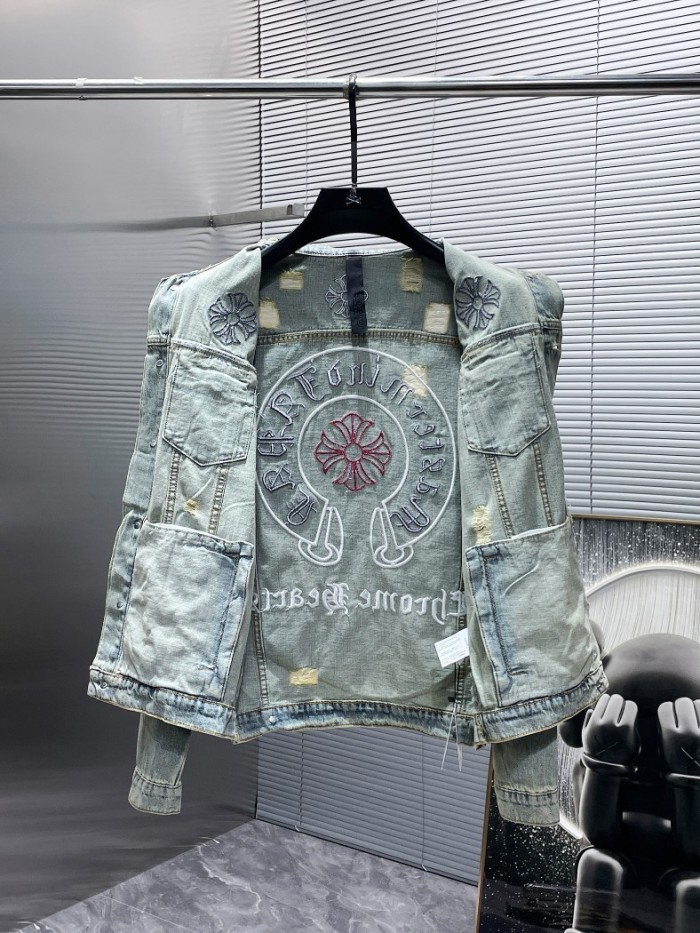 Embroidered logo ripped vintage denim jacket
