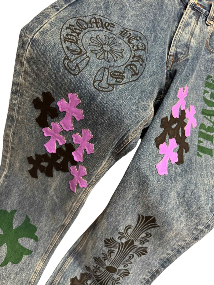 1:1 quality version  black & purple color-block cross leather prints jeans 28959500