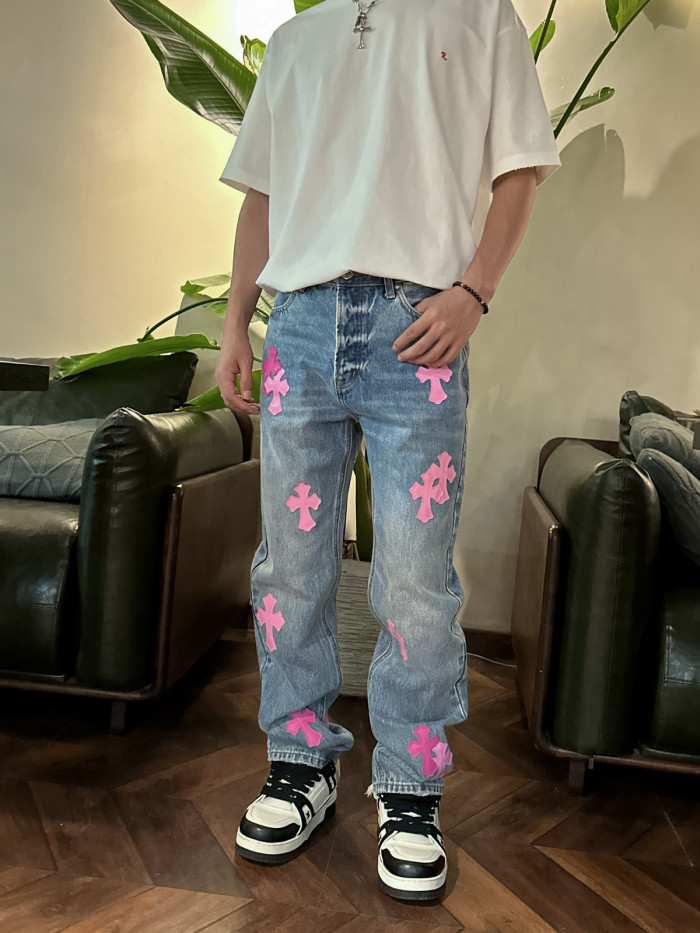 1:1 quality version Pink Patch Cross Ripped Fringe Jeans
