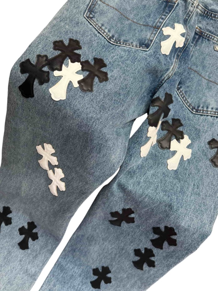 1:1 quality version  washed black and white cross leather jeans 28959651