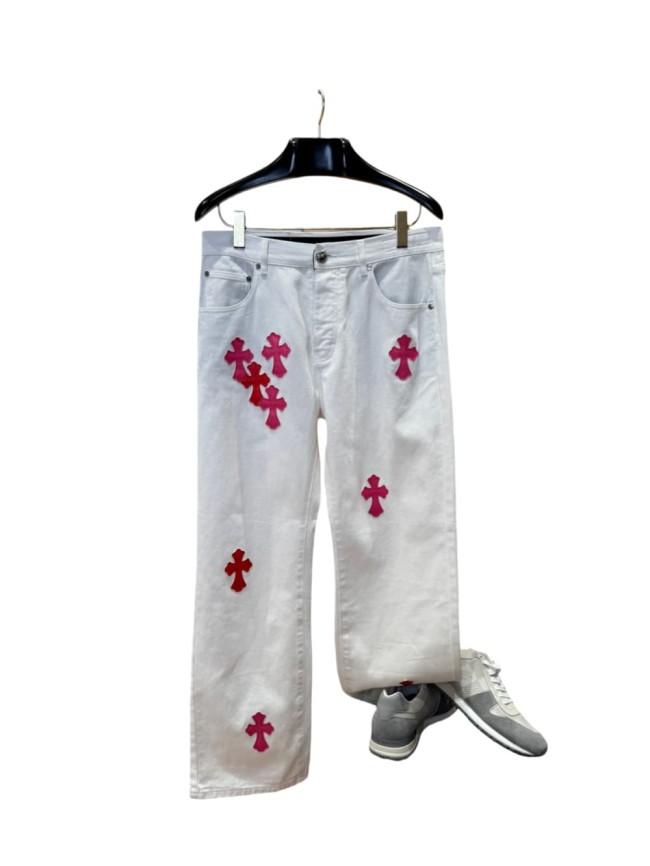 1:1 quality version pink & white cross leather patch washed jeans 28959540