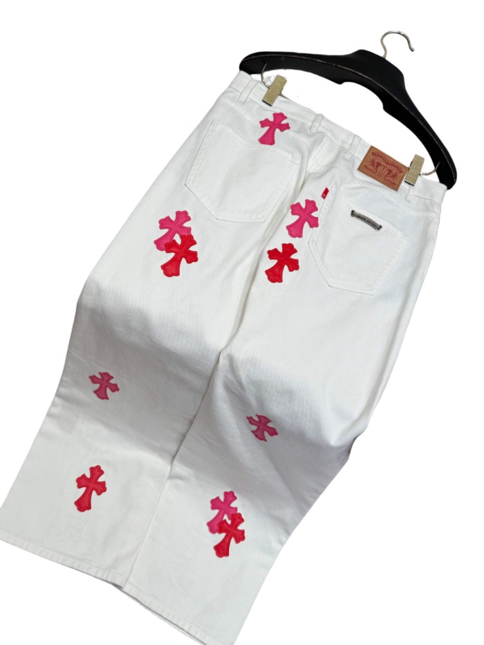 1:1 quality version  pink & white cross leather patch washed jeans 28959540