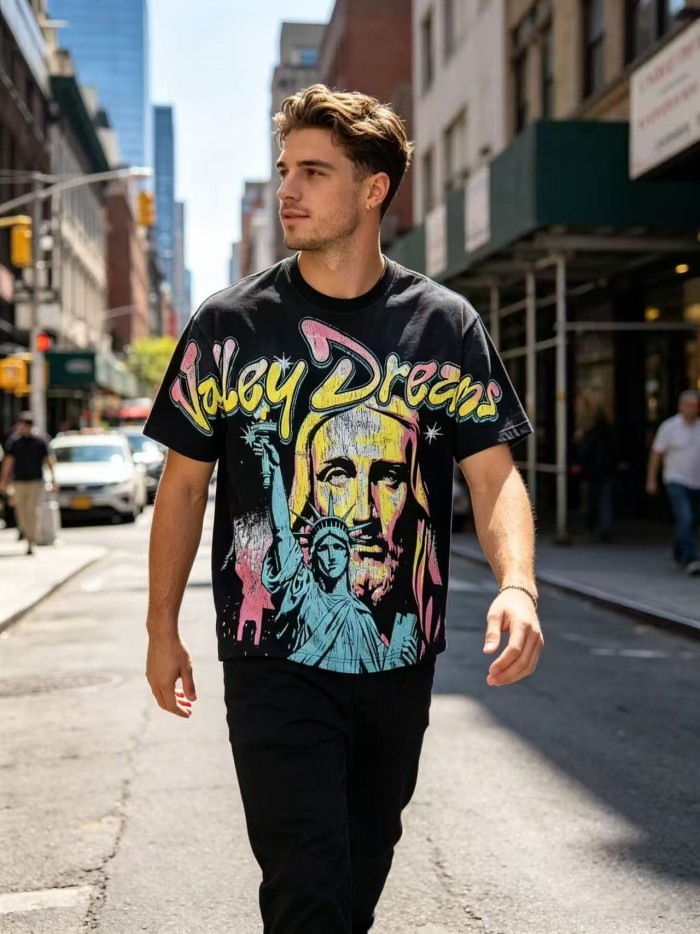 Jesus And Statue Of Liberty Print Washed Tee 29047381