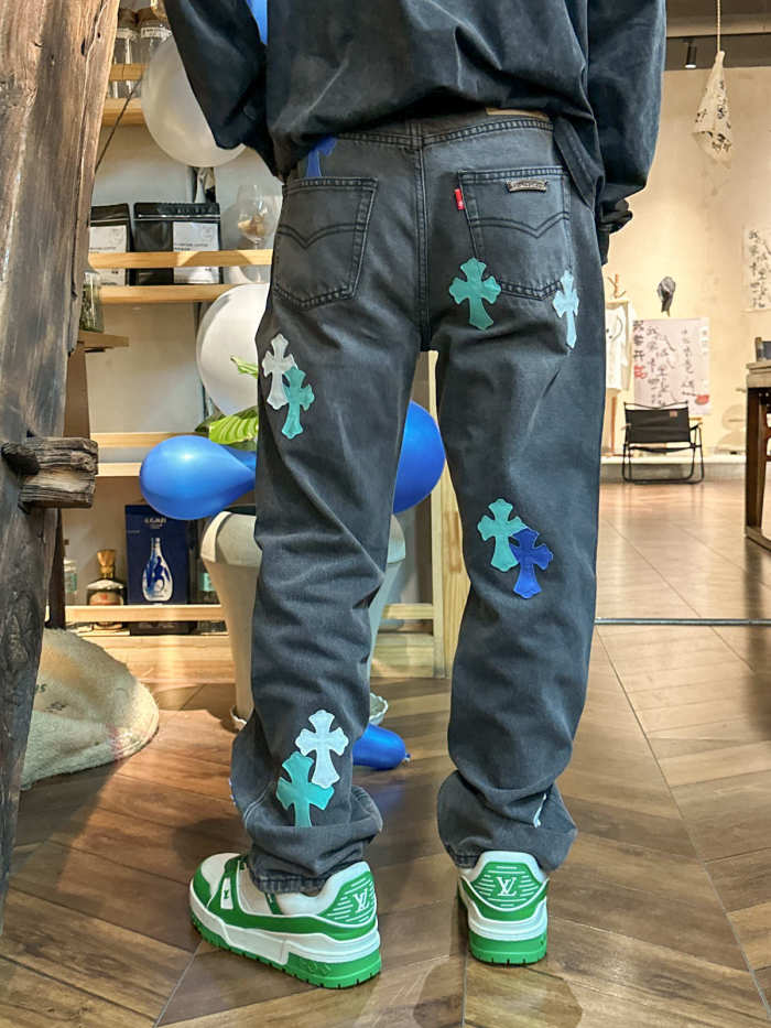 1:1 quality version Heavy Duty Blue and White Patchwork Leather Washed and Aged Jeans