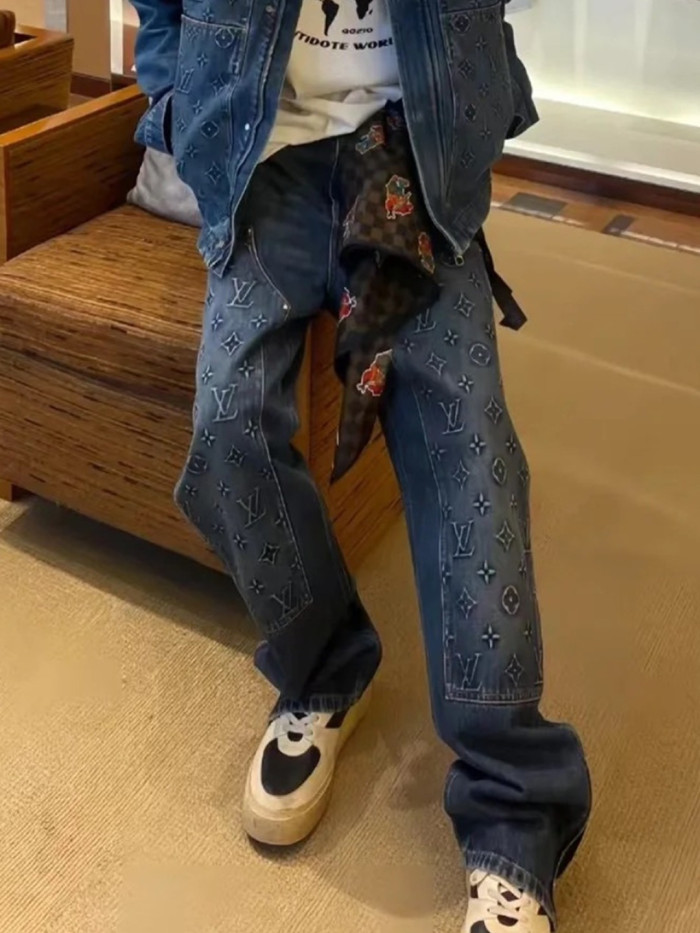 1:1 quality version Embroidered Rivet Distressed Denim Work Jeans 28687461
