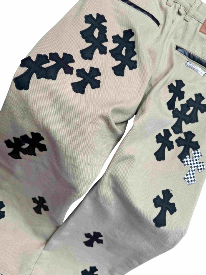 1:1 quality version  checkered pattern and black cross leather appliqués jeans 28959448