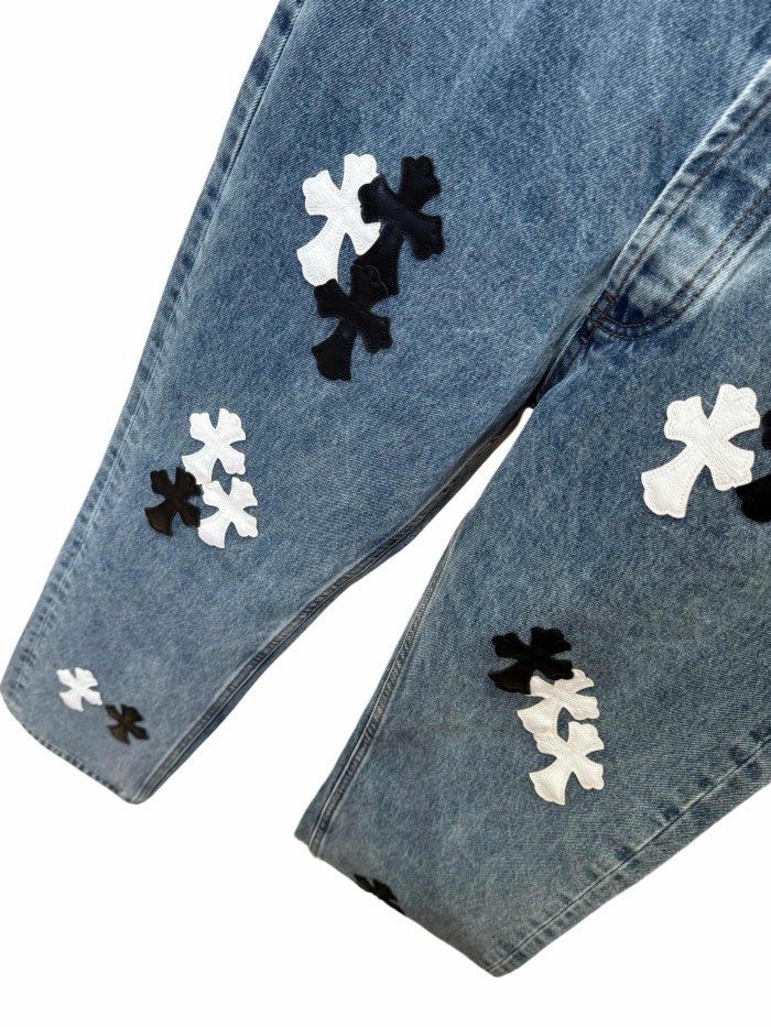 1:1 quality version  washed black and white cross leather jeans 28959651