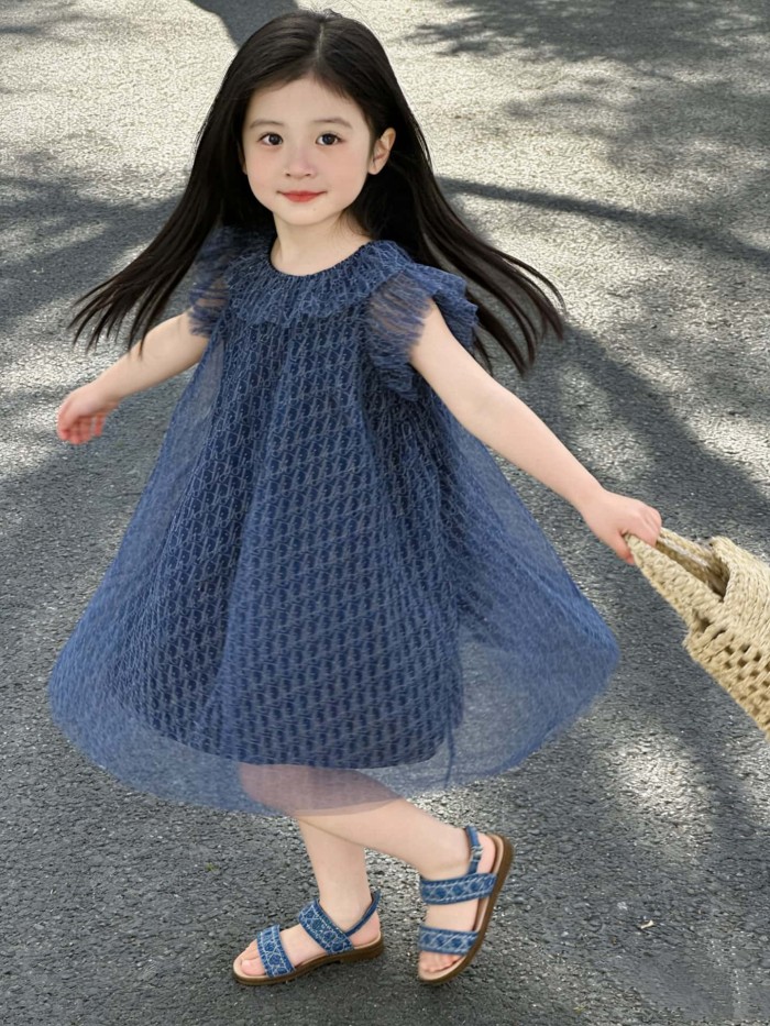Tulle Dress with Ruffled Neck & Flutter Sleeves for Kids 29008833