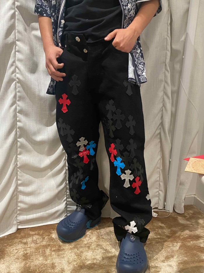 1:1 quality version  color-block cross appliqué glitter jeans 28959574