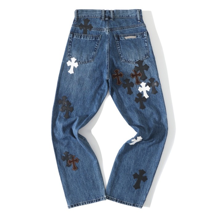 1:1 quality version Black Brown White Cross Patched Fire Medium Blue Leg Denim Pants 29082321