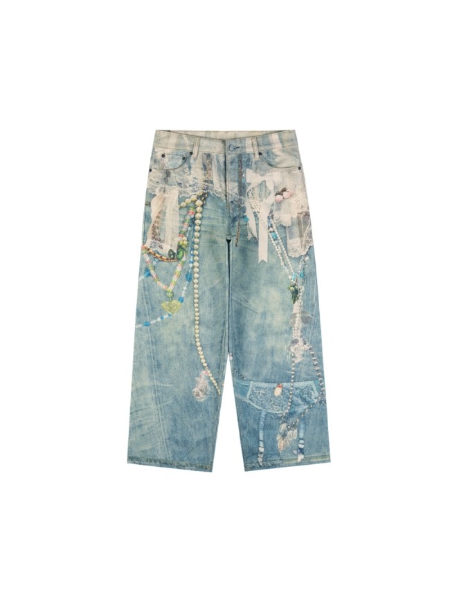 Lace Pearl Chain 3D Printed Jeans 28515007