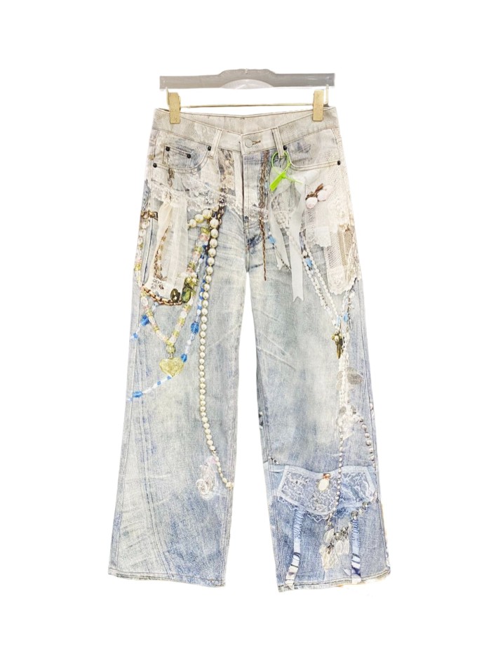 Lace Pearl Chain Print Jeans 28514667