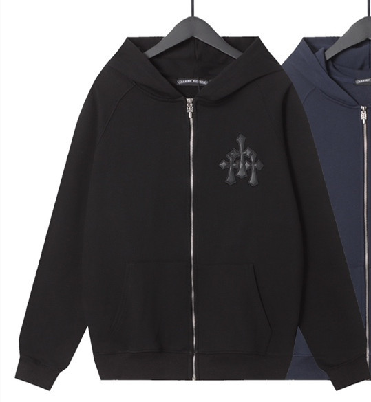 Gray Thirty Applique Leather Hooded Zip Sweatshirt 3 colors