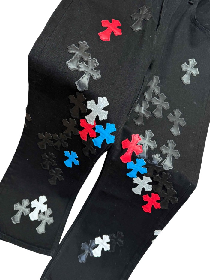 1:1 quality version  color-block cross appliqué glitter jeans 28959574