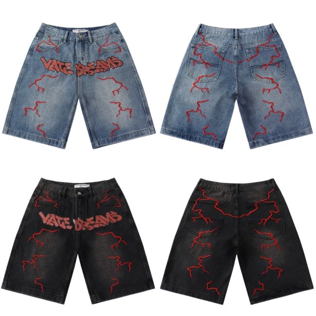 Red Letter Lightning Embroidery Washed Denim Shorts 2 colors 29047377