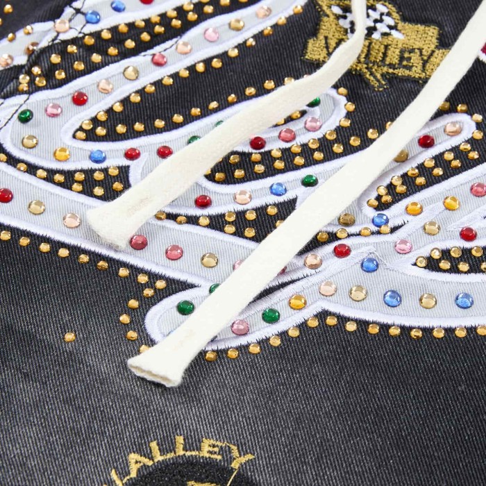 Multi-label Patch Rhinestone Embroidery Washed Denim Shorts 2 colors 29047378