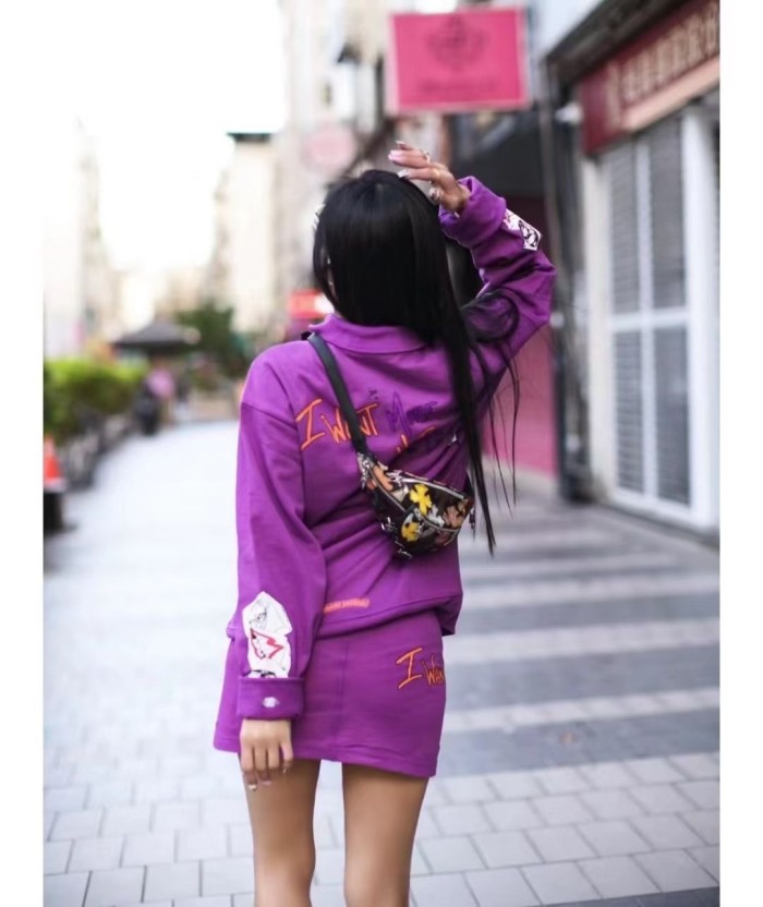 1:1 quality version Graffiti Collection Purple Long Sleeve T-Shirt & skirt set