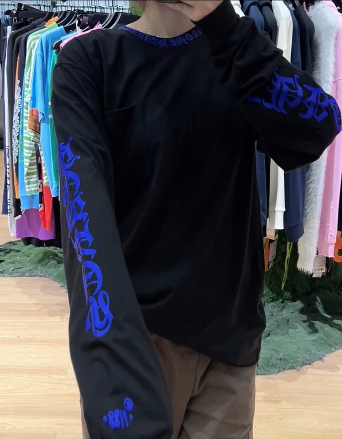 1:1 quality version Blue Ink Print Pocket Long Sleeve T-Shirt 28946646