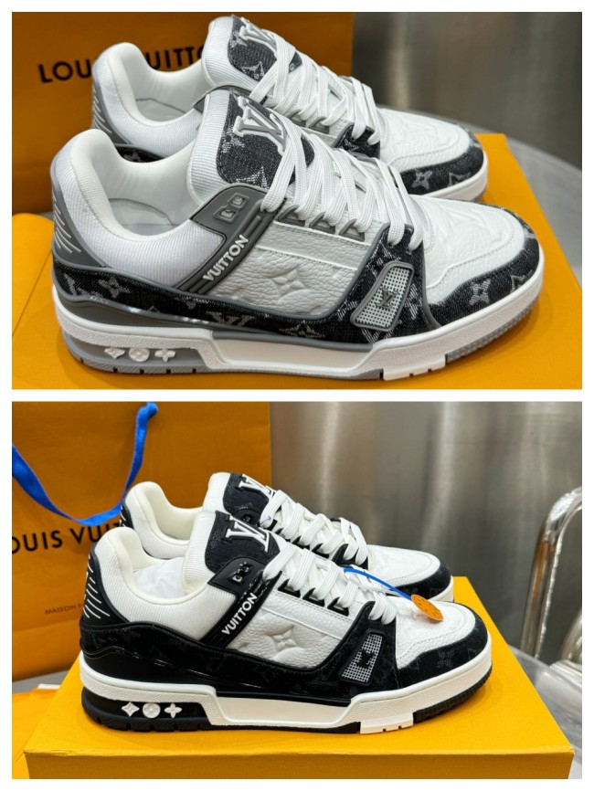 1:1 quality version Denim Leather Patchwork Lace-Up Board Shoes 2 colors