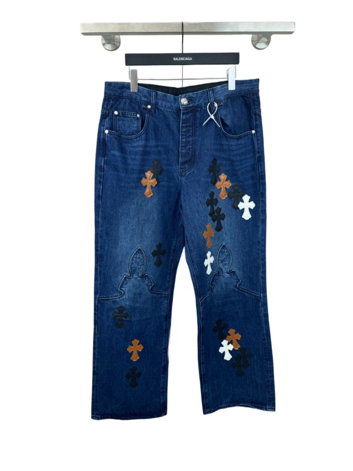 1:1 quality version Distressed Blue Multi-Color Cross Leather Patch Jeans 28903074