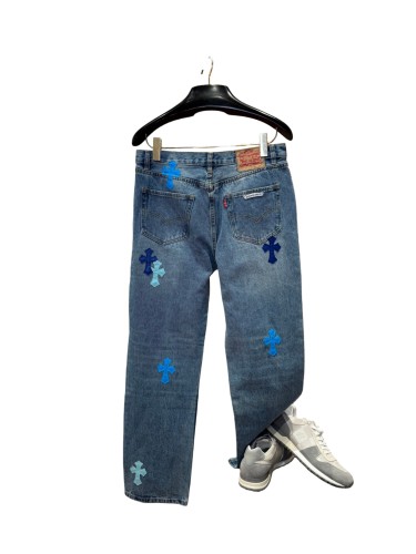 1:1 quality version  blue color-block cross leather appliqués washed jeans 28959512