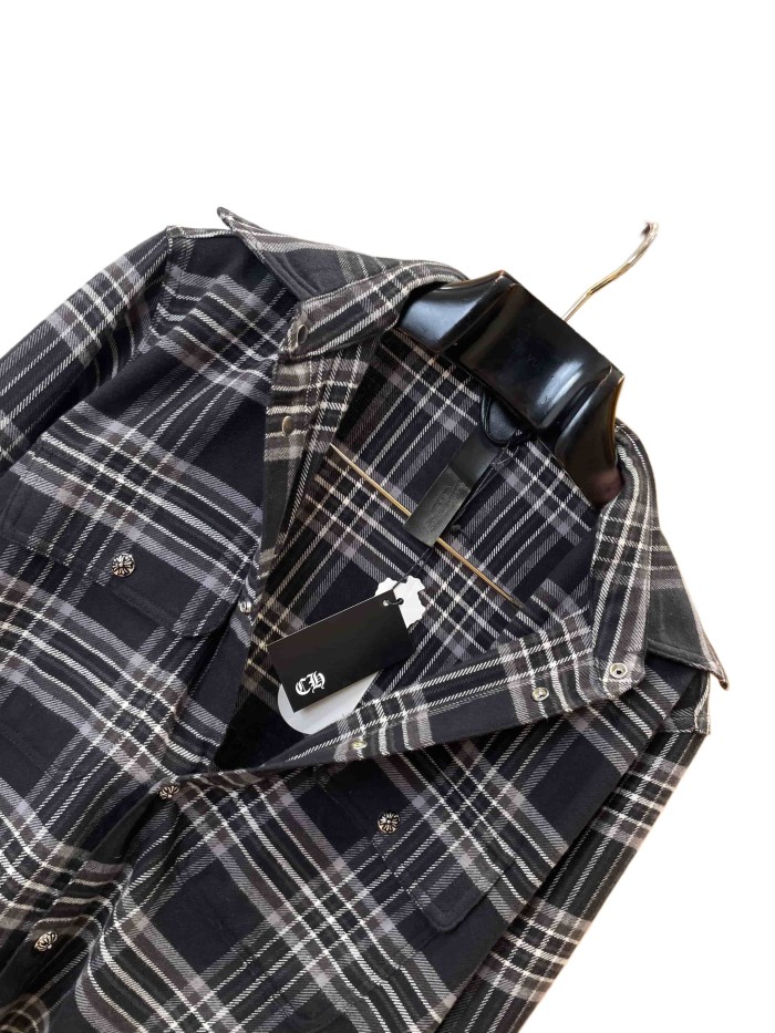 1:1 quality version classic black-white-gray check jacquard lapel long-sleeve shirt 28937201