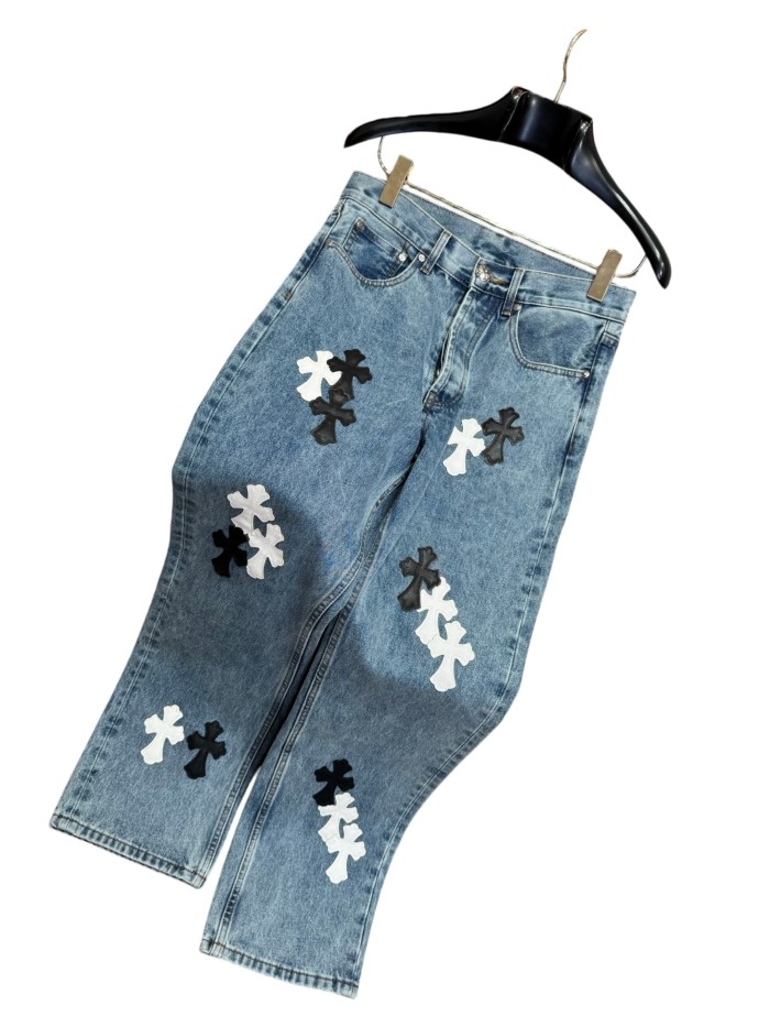 1:1 quality version  washed black and white cross leather jeans 28959651