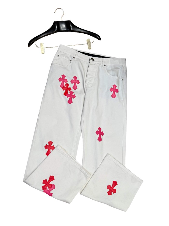 1:1 quality version  pink & white cross leather patch washed jeans 28959540