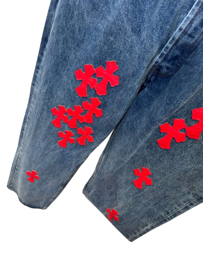 1:1 quality version  red cross leather appliqués washed jeans 28959518