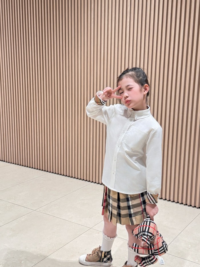 White Oxford Spliced Check Long-Sleeve Shirt for Kids 28999280