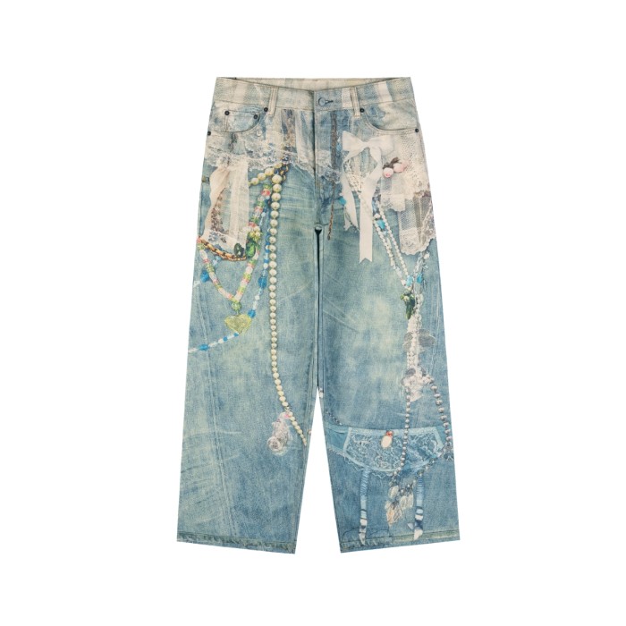 Lace Pearl Chain 3D Printed Jeans 28515007