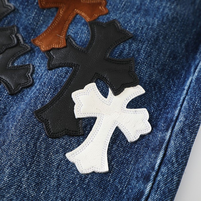 1:1 quality version Black Brown White Cross Patched Medium Blue Leg Denim Pants 29082332