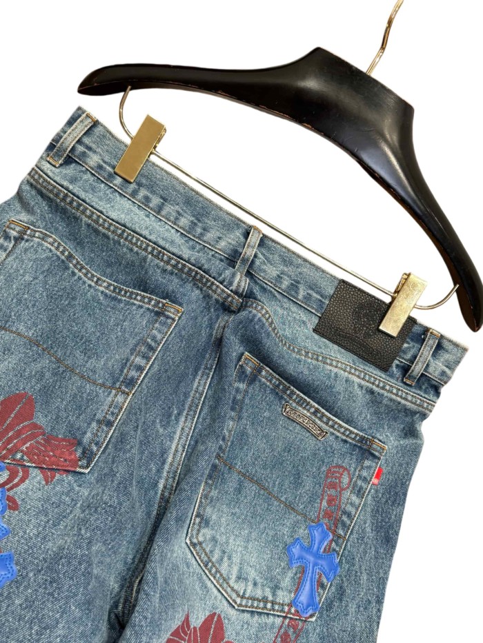 1:1 quality version  blue crosses and red flower appliqués washed blue jeans 28959455