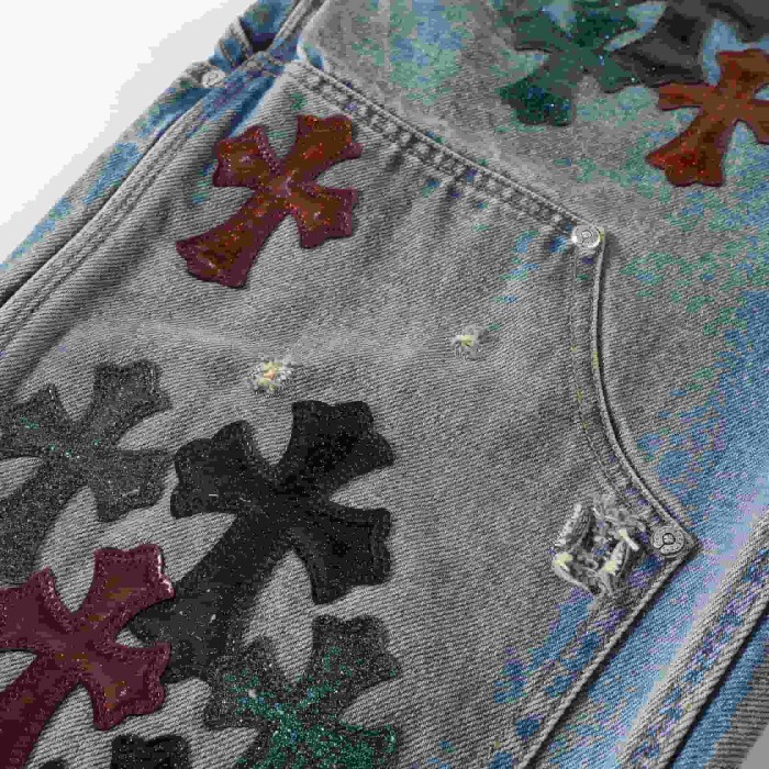 1:1 quality version Black Red Teal Cross Patched Light Blue Washed Carpenter Denim Jeans 29082300